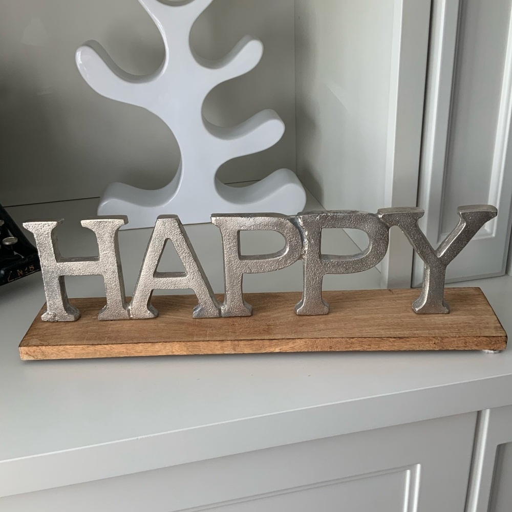 “Happy” Wood Silver Metal Large Decorative Sign Home Decor Made in India EUC 20”